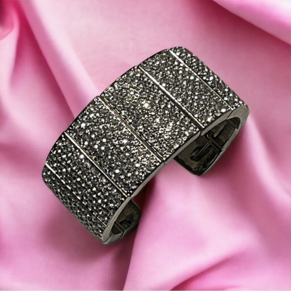Wide Pavè Silver Tone Rhinestone Cuff Bangle Bracelet